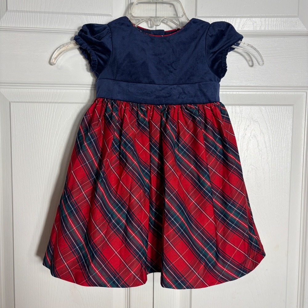 Max Studio Navy Velvet Red Plaid Holiday Dress Toddler 2T Back Bow Christmas
